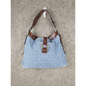 Vintage Y2K Guess Blue Denim‎ Monogram All Over Print Large Bag Tote Purse